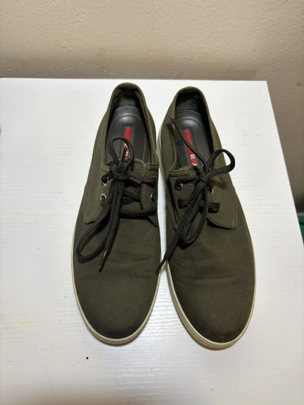 Prada Olive Canvas Low-Top Sneakers with White Sole